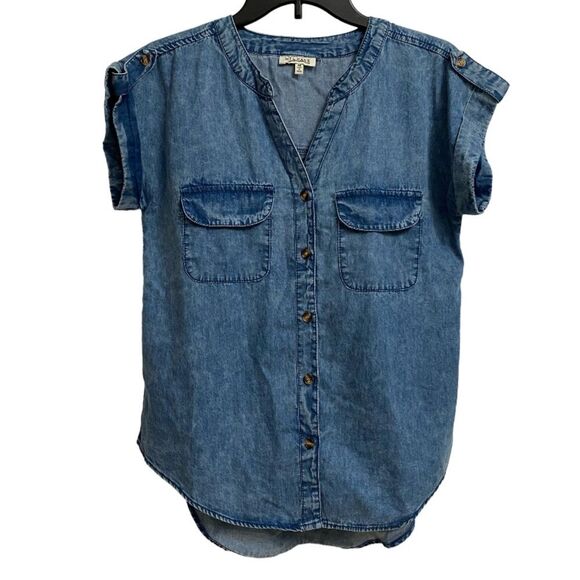 Mileage Women's Button Down Short Sleeve Shirt Size M Front Pockets Split Neck - Picture 1 of 12